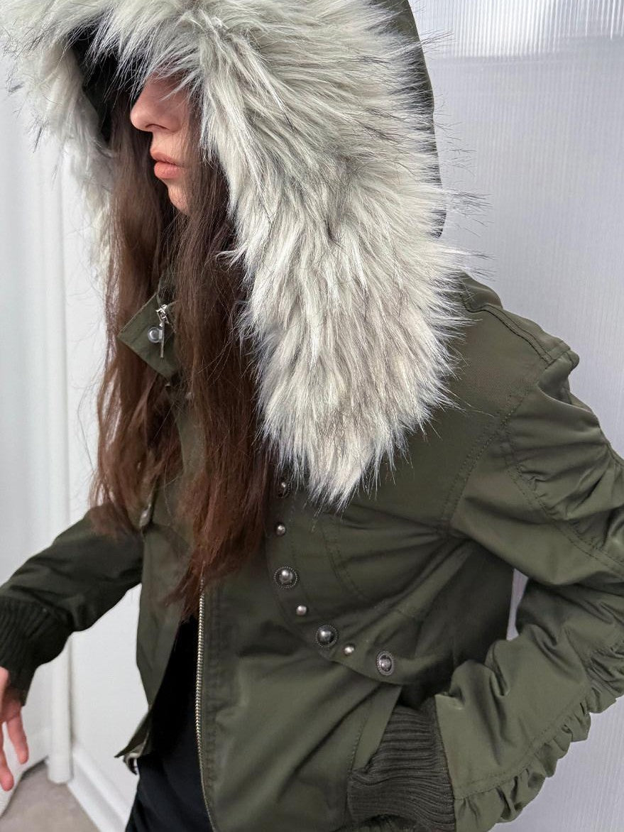 Olive Punk Cinched Waist Faux Fur Hooded Women'S Casual Jackets