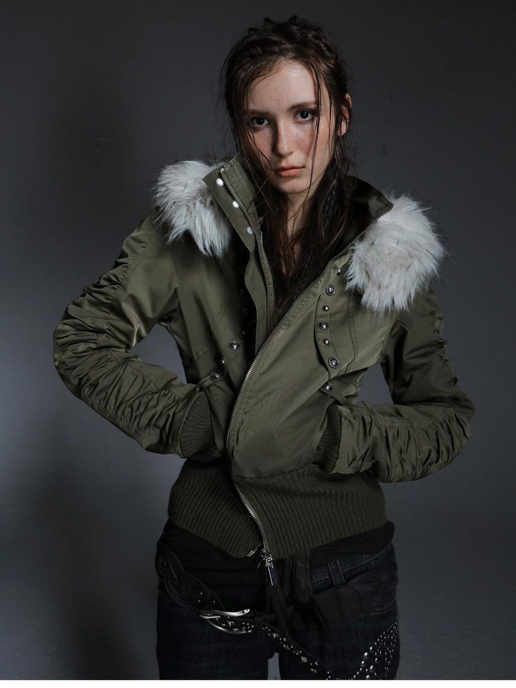 Olive Punk Cinched Waist Faux Fur Hooded Women'S Casual Jackets