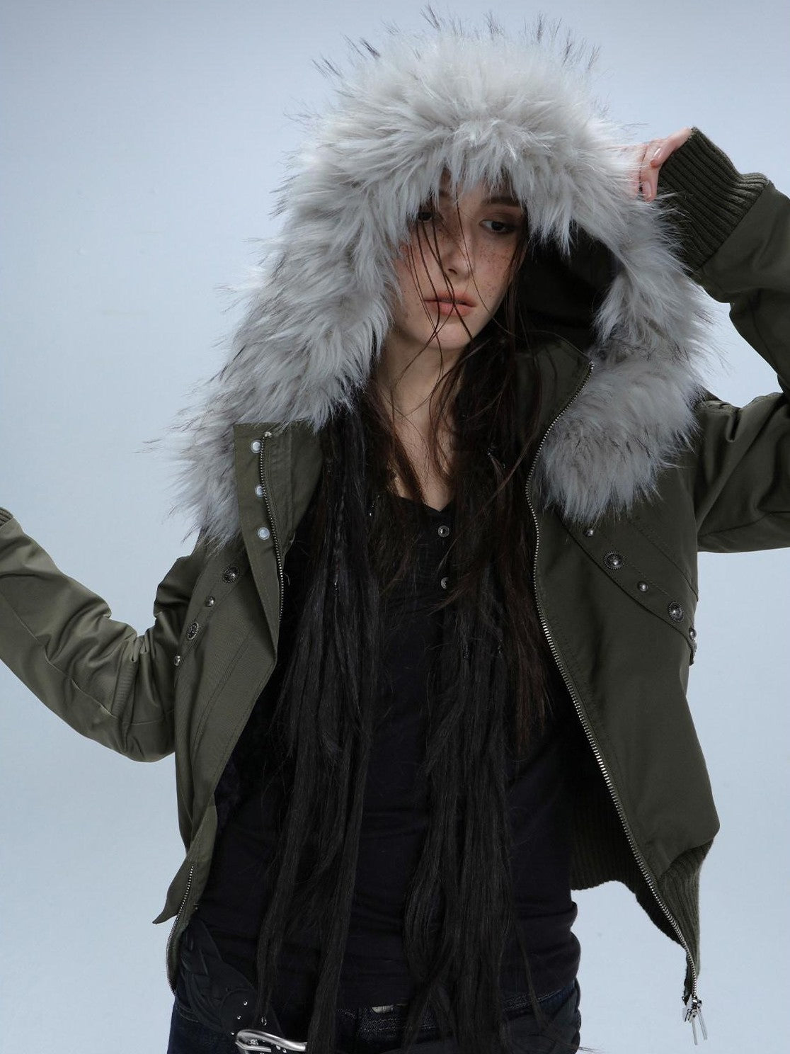 Olive Punk Cinched Waist Faux Fur Hooded Women'S Casual Jackets
