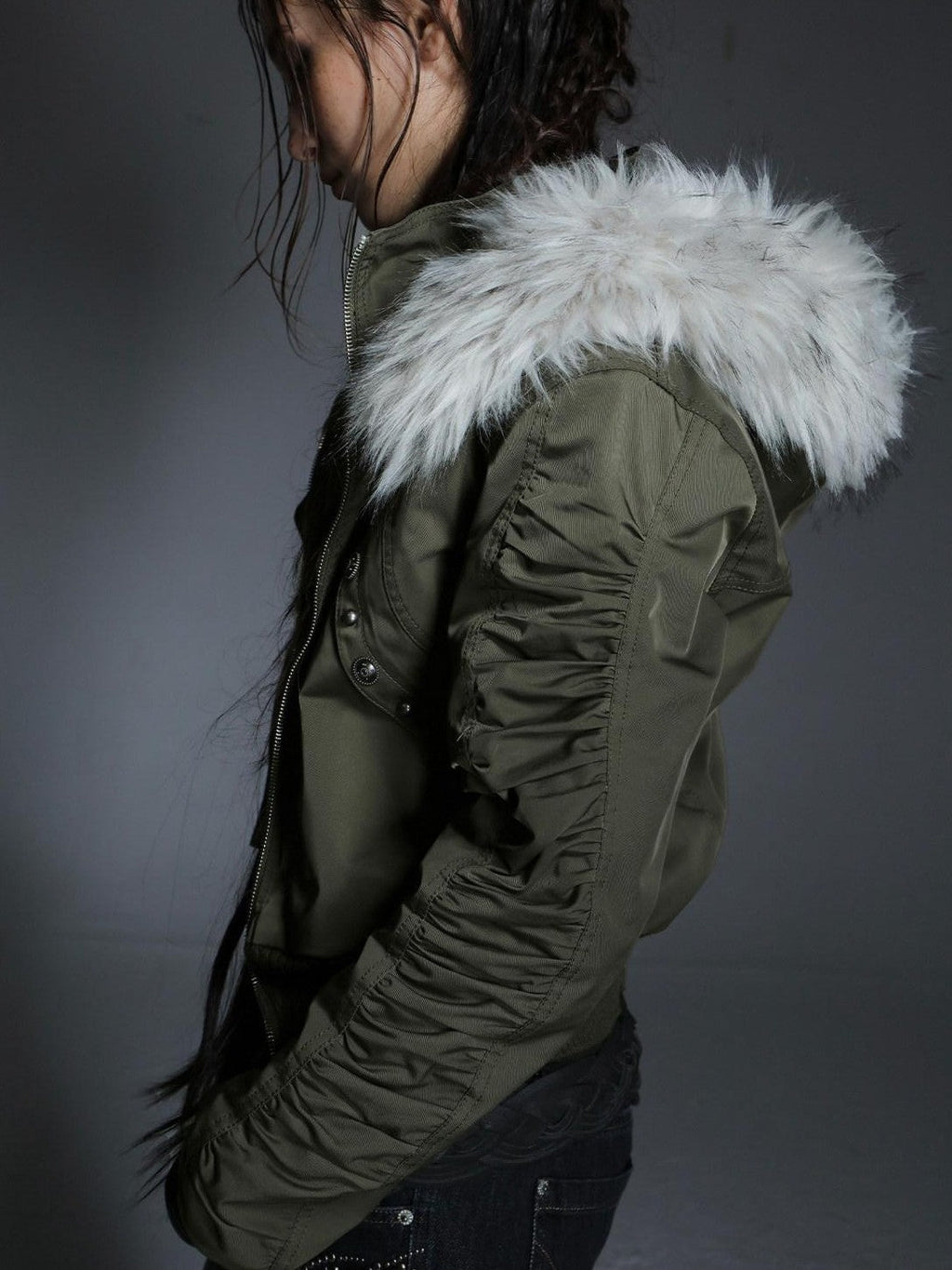 Olive Punk Cinched Waist Faux Fur Hooded Women'S Casual Jackets