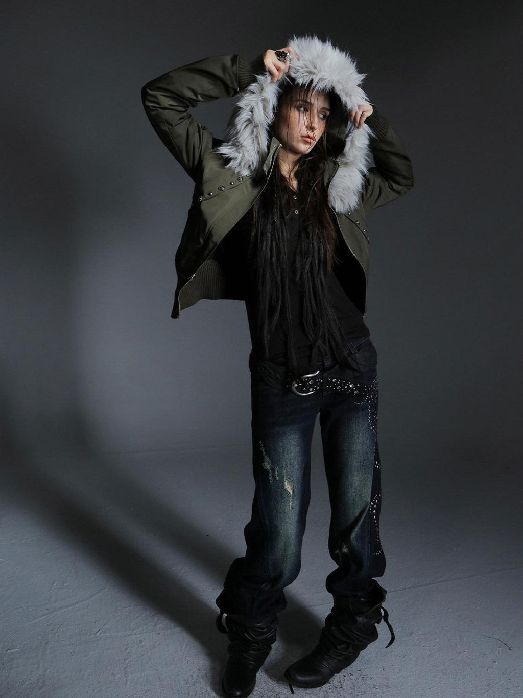 Olive Punk Cinched Waist Faux Fur Hooded Women'S Casual Jackets