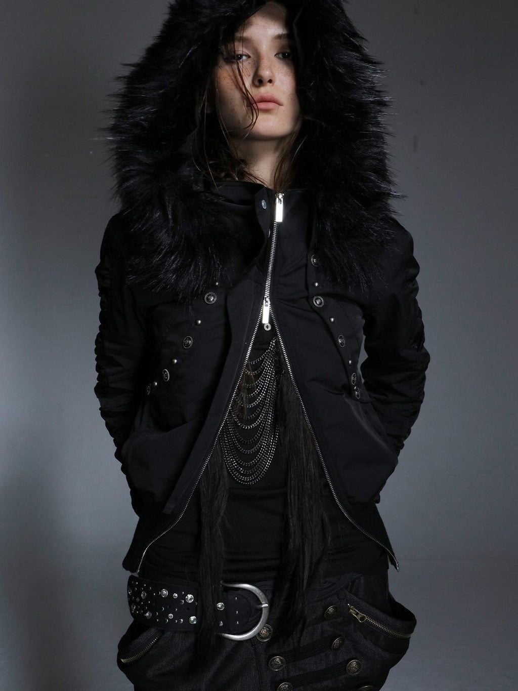 Olive Punk Cinched Waist Faux Fur Hooded Women'S Casual Jackets