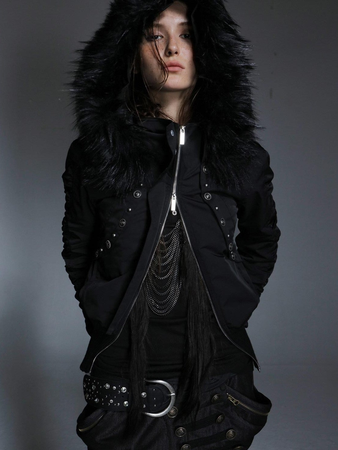 Olive Punk Cinched Waist Faux Fur Hooded Women'S Casual Jackets