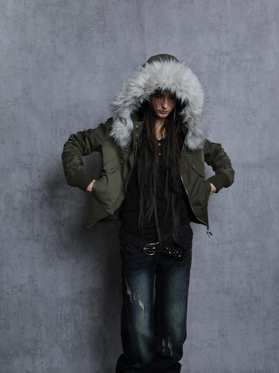 Olive Punk Cinched Waist Faux Fur Hooded Women'S Casual Jackets