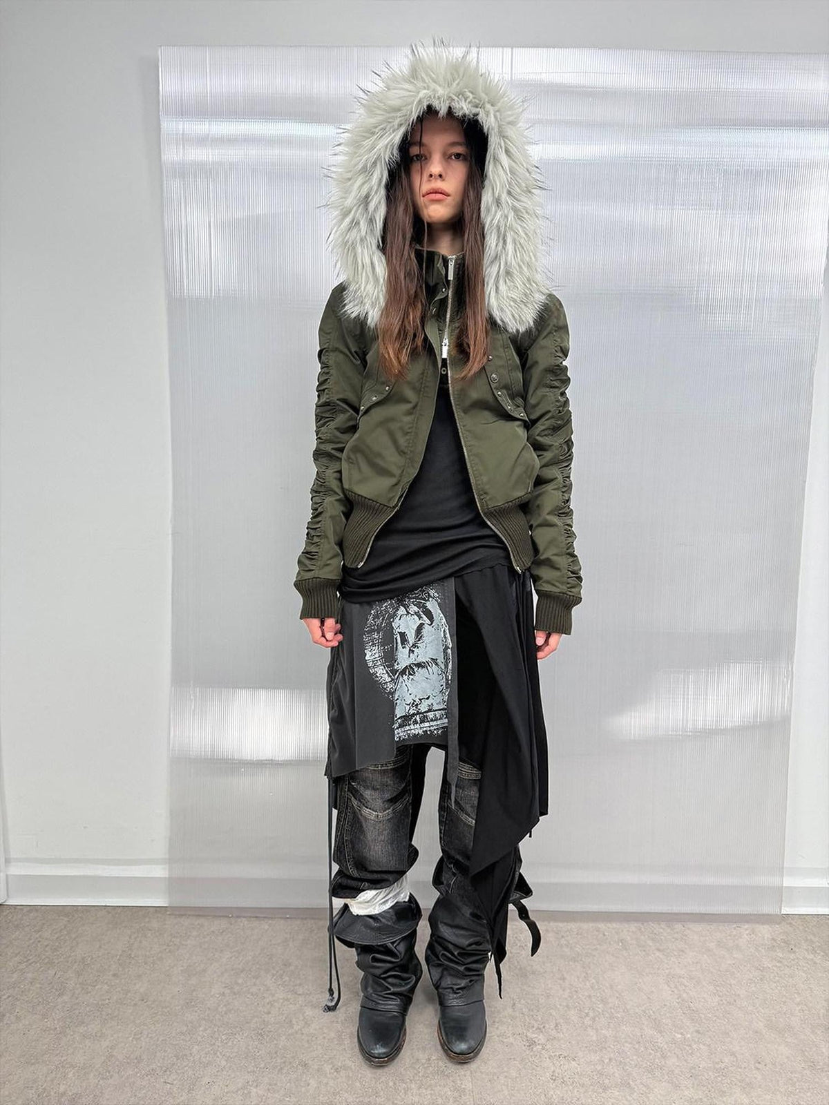 Olive Punk Cinched Waist Faux Fur Hooded Women'S Casual Jackets