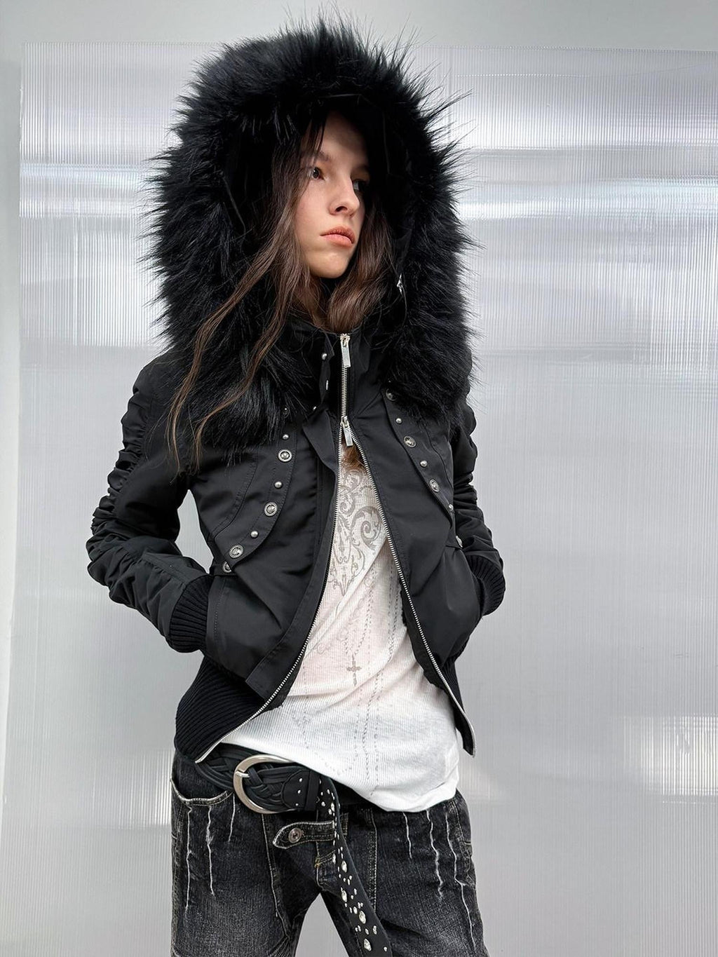 Olive Punk Cinched Waist Faux Fur Hooded Women'S Casual Jackets