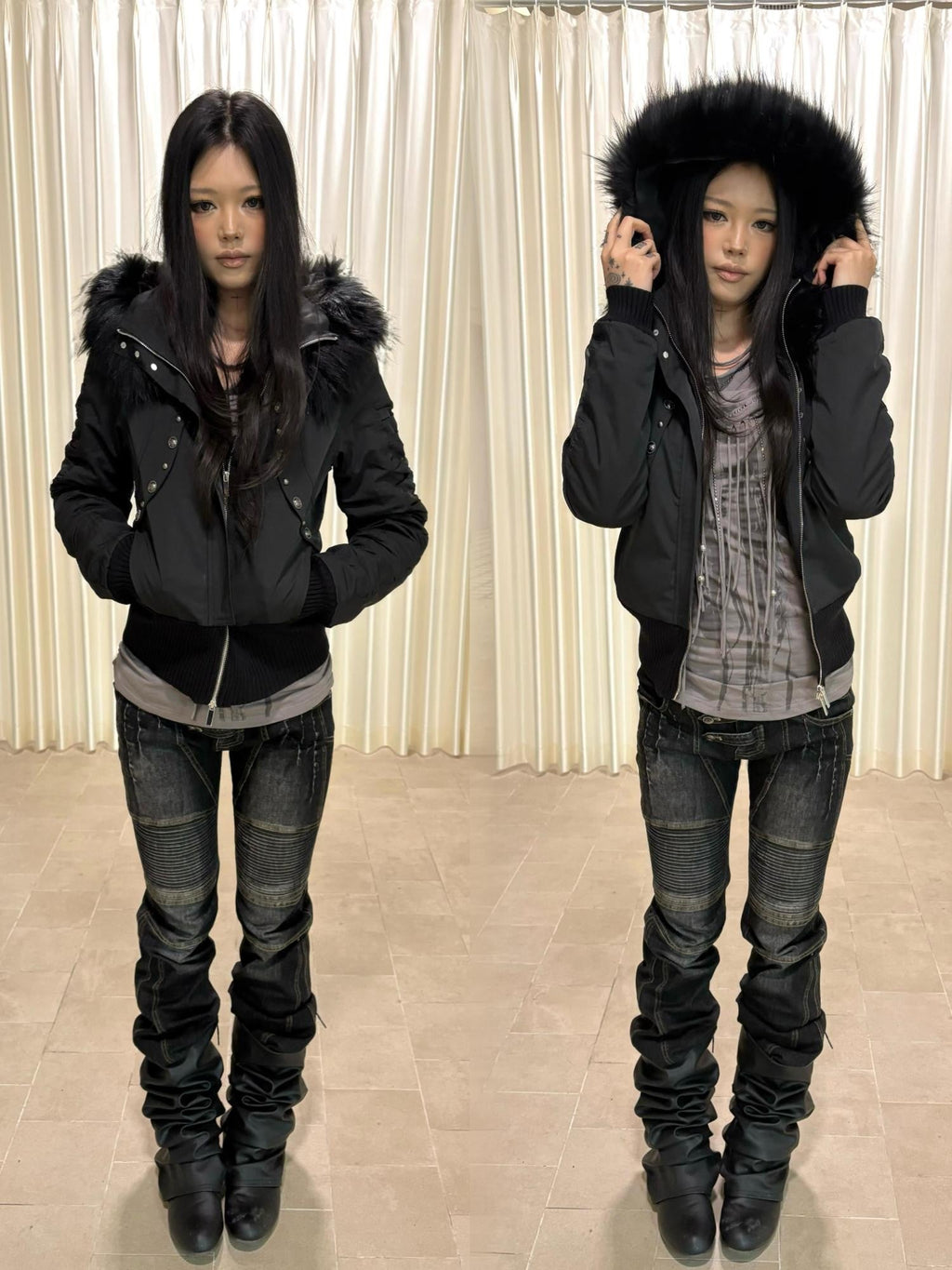 Olive Punk Cinched Waist Faux Fur Hooded Women'S Casual Jackets