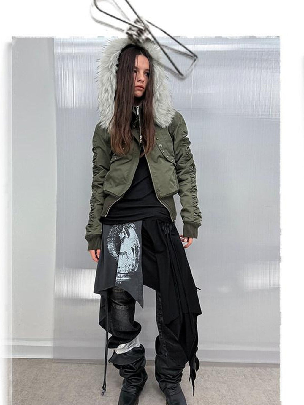 Olive Punk Cinched Waist Faux Fur Hooded Women'S Casual Jackets