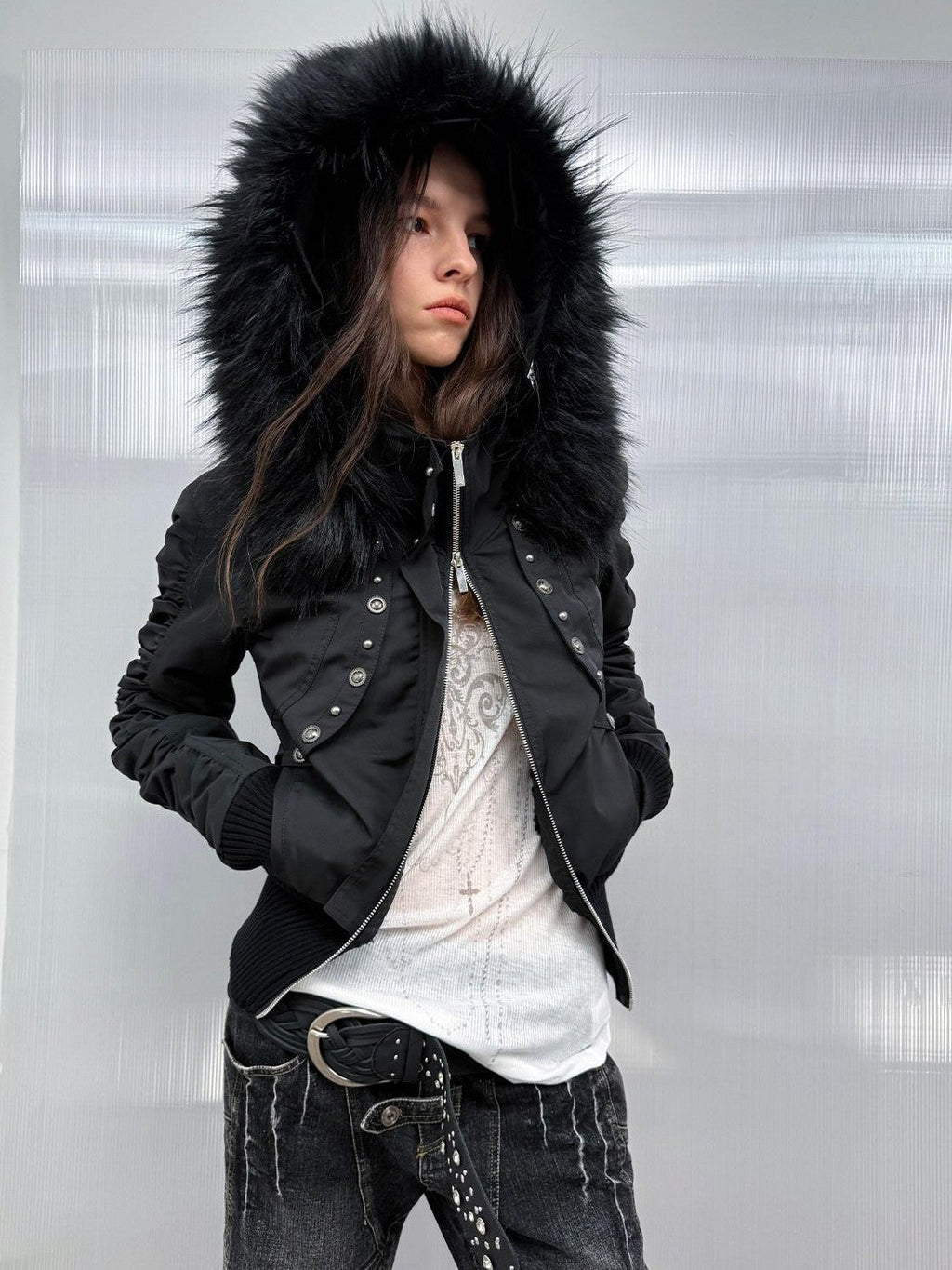 Olive Punk Cinched Waist Faux Fur Hooded Women'S Casual Jackets