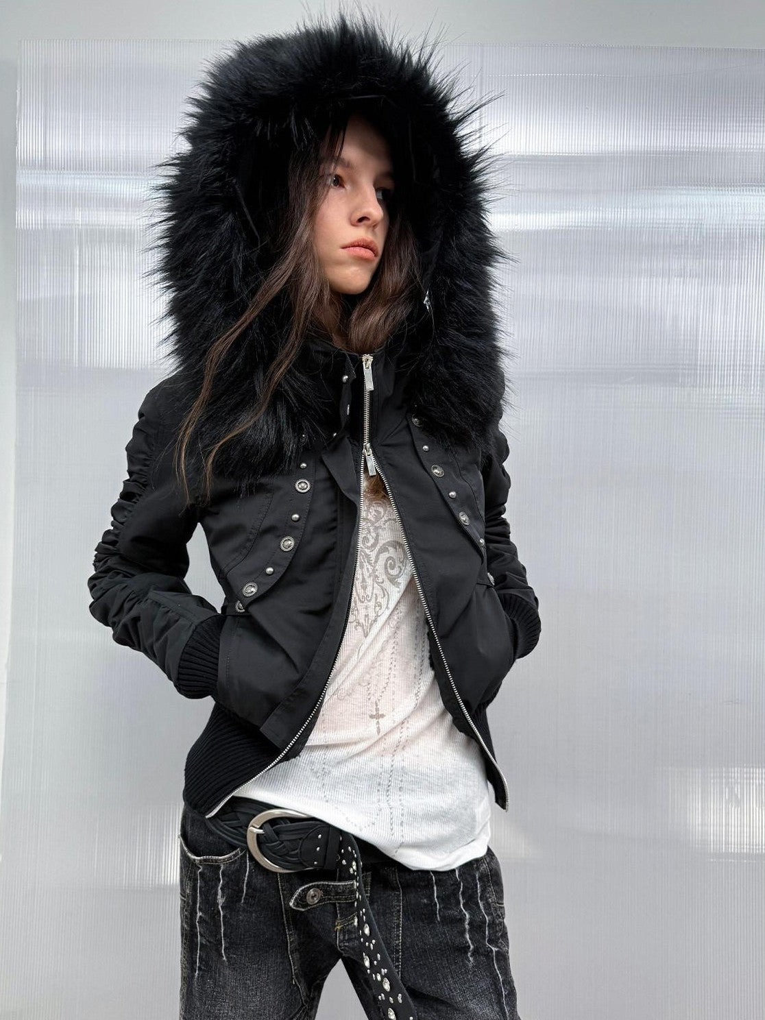 Olive Punk Cinched Waist Faux Fur Hooded Women'S Casual Jackets