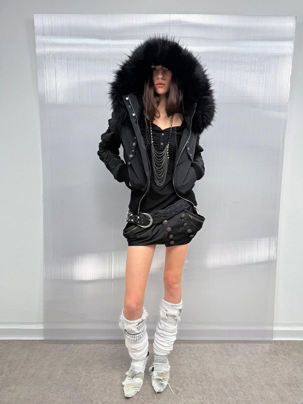 Olive Punk Cinched Waist Faux Fur Hooded Women'S Casual Jackets