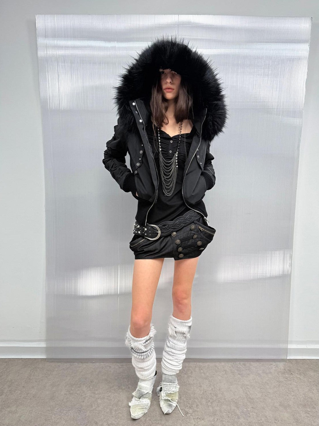 Olive Punk Cinched Waist Faux Fur Hooded Women'S Casual Jackets
