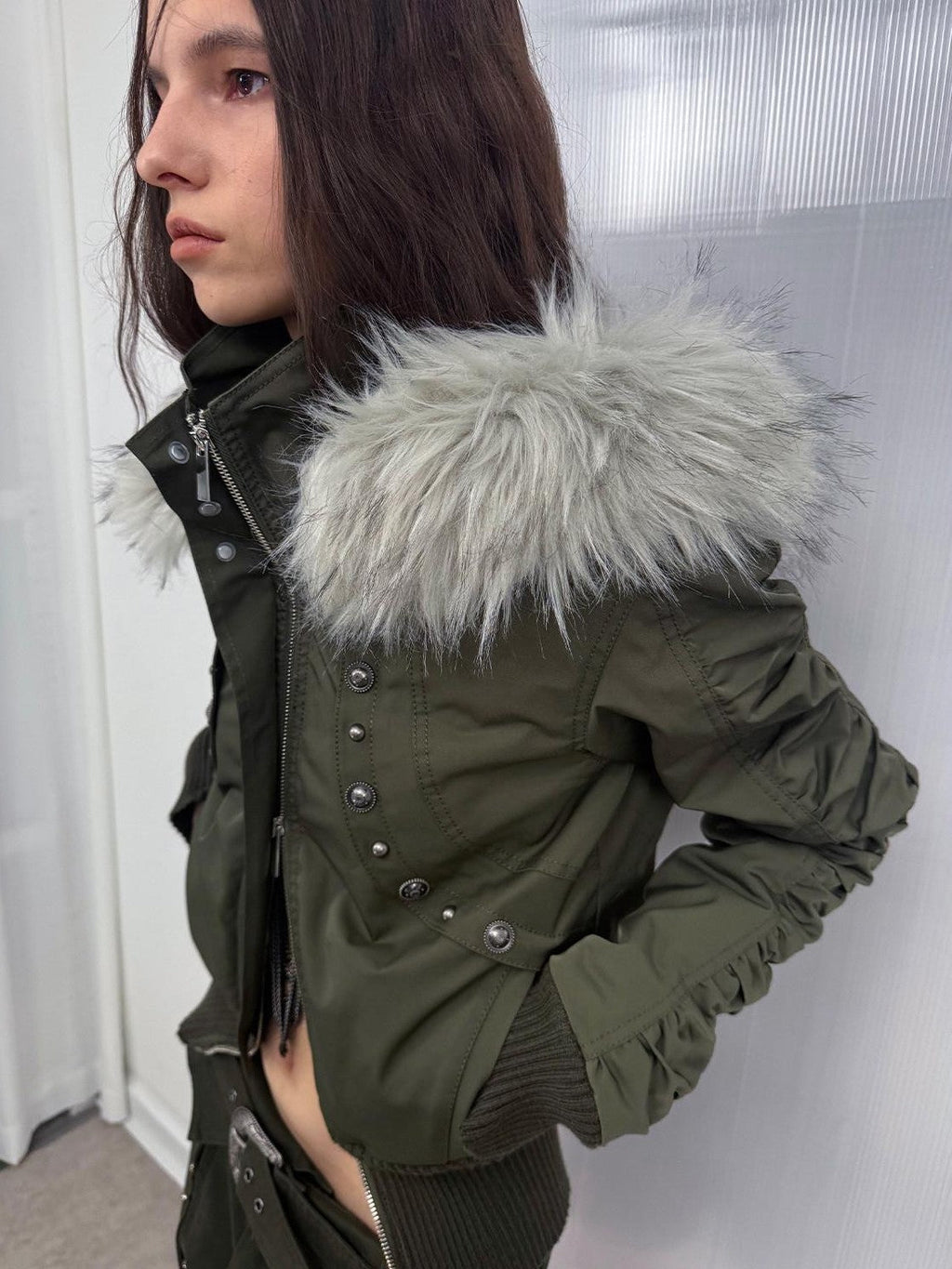Olive Punk Cinched Waist Faux Fur Hooded Women'S Casual Jackets