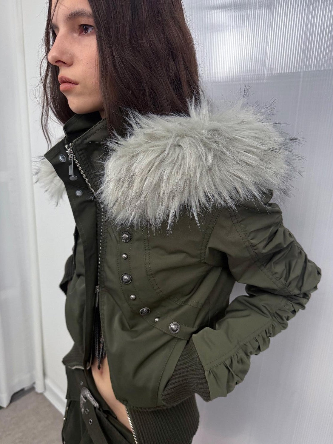 Olive Punk Cinched Waist Faux Fur Hooded Women'S Casual Jackets