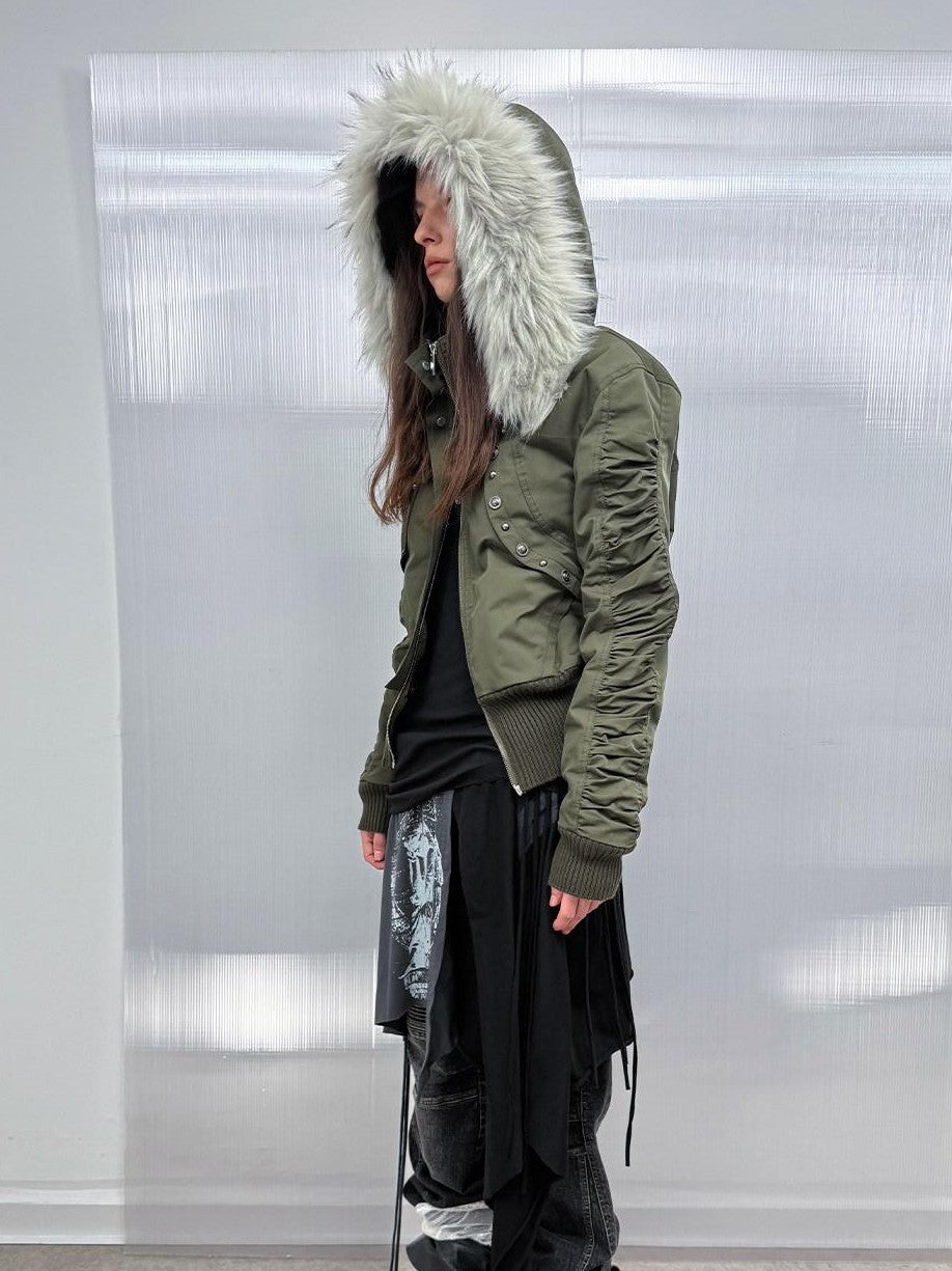 Olive Punk Cinched Waist Faux Fur Hooded Women'S Casual Jackets