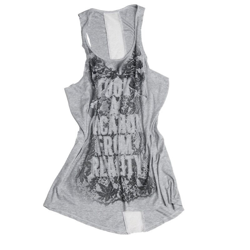 Punk Letter Slogan Print U Neck Racerback Narrow Straps Women's Lace Tank Tops