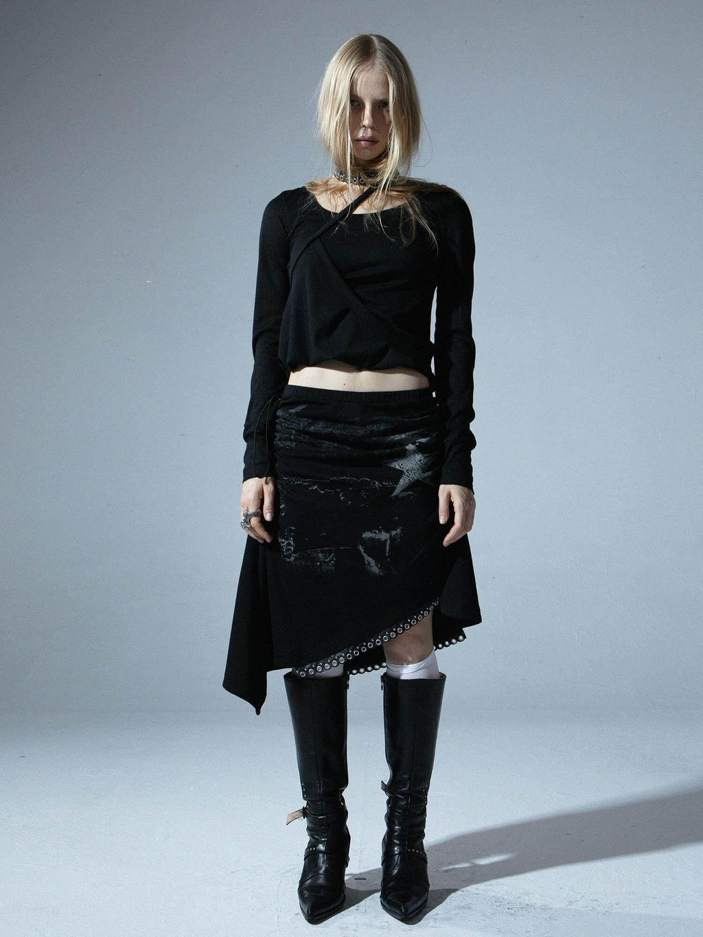 Punk Print Asymmetric Adjustable Low Waist Women'S Cotton Blend Midi Skirts