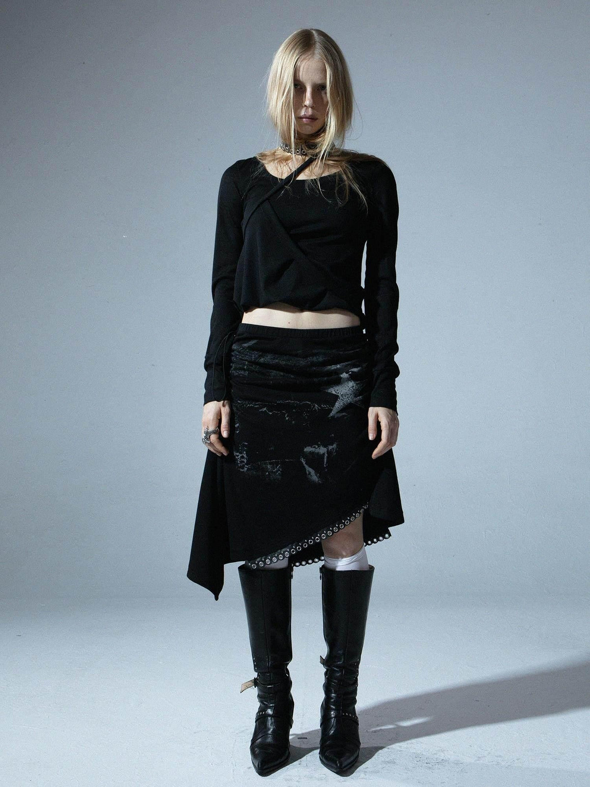 Punk Print Asymmetric Adjustable Low Waist Women'S Cotton Blend Midi Skirts