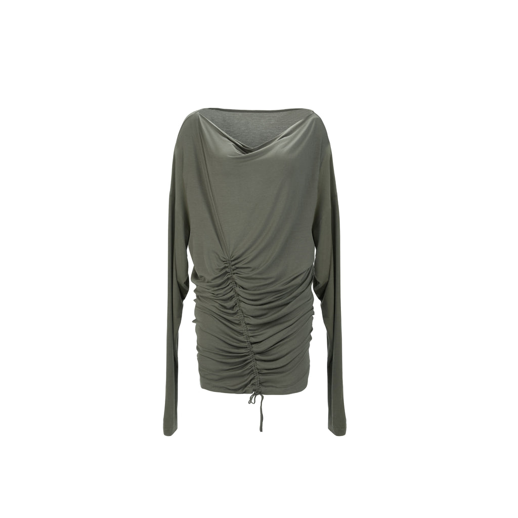 Relaxed Drawstring Boatneck Batwing Women'S Stretch Blend Long Sleeve T-Shirts