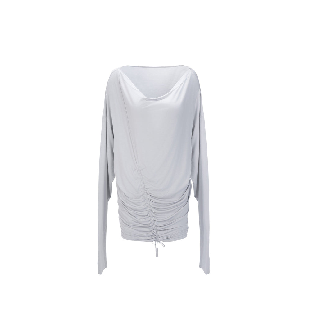 Relaxed Drawstring Boatneck Batwing Women'S Stretch Blend Long Sleeve T-Shirts