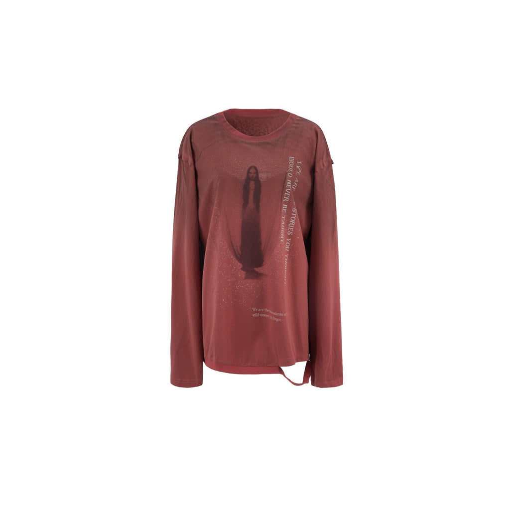 Retro Maroon Distressed Handpainted Print Women'S Cotton Long Sleeve T-Shirts