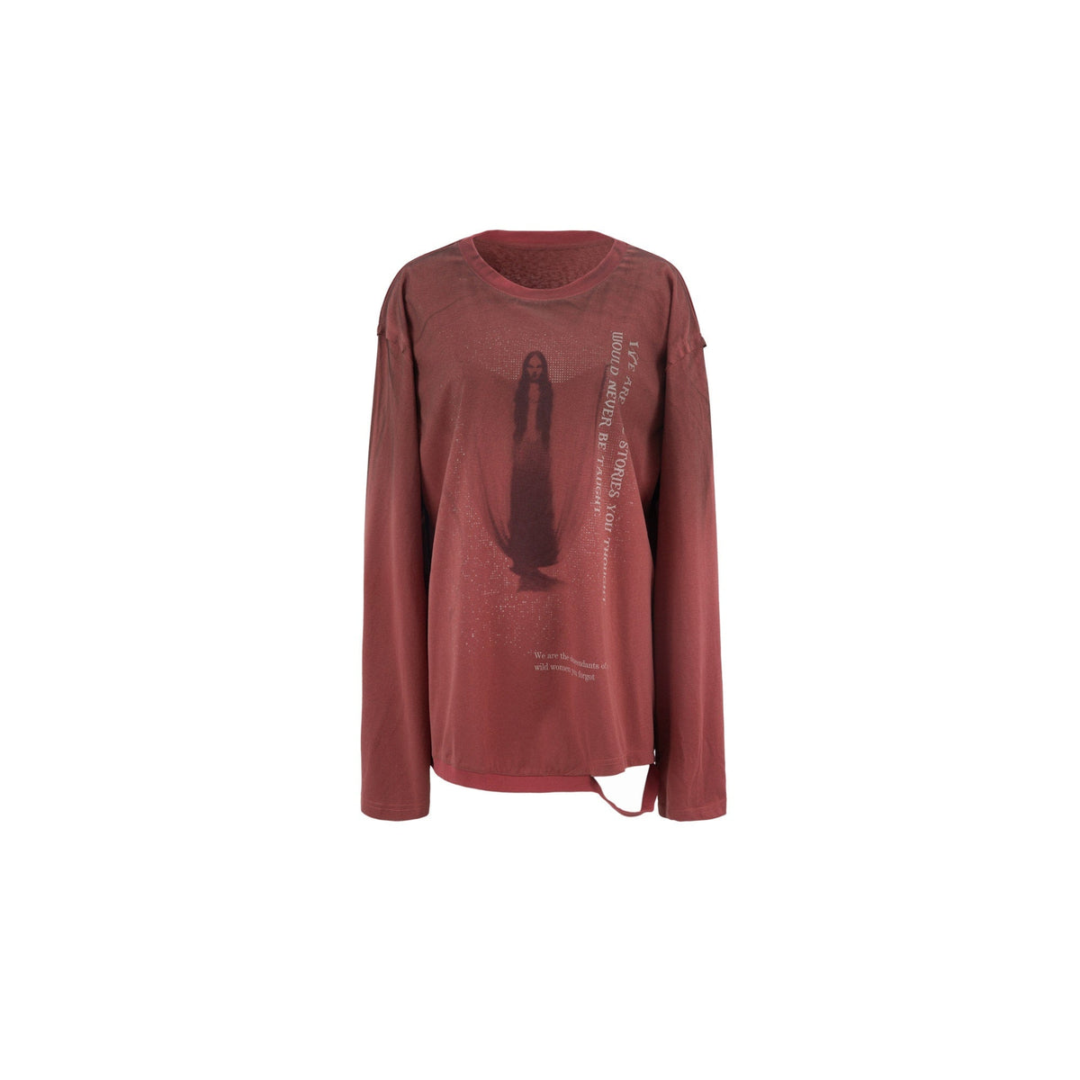Retro Maroon Distressed Handpainted Print Women'S Cotton Long Sleeve T-Shirts