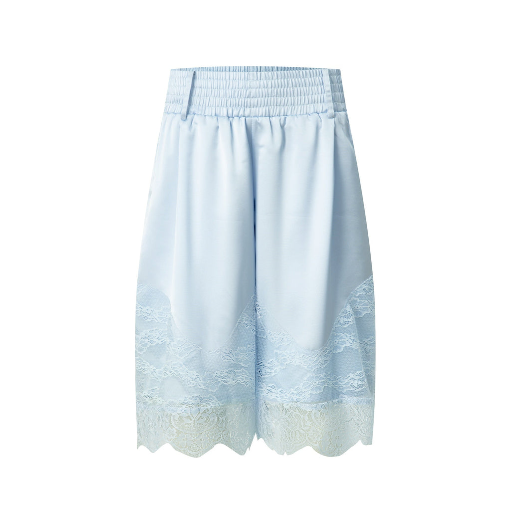 Satin Lace Paneled Elastic Waist Wide Leg Women's Polyester Bermuda Shorts