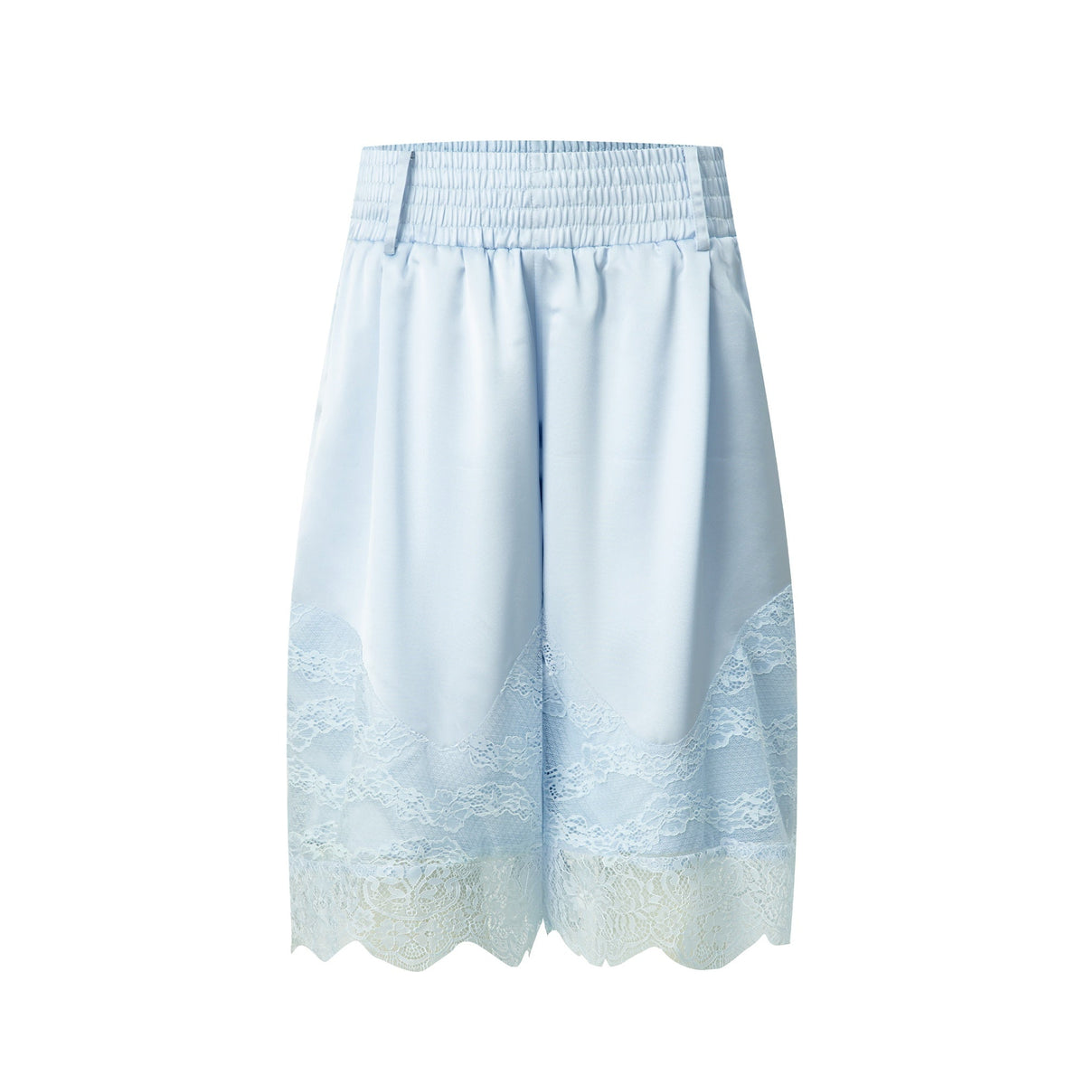 Satin Lace Paneled Elastic Waist Wide Leg Women's Polyester Bermuda Shorts
