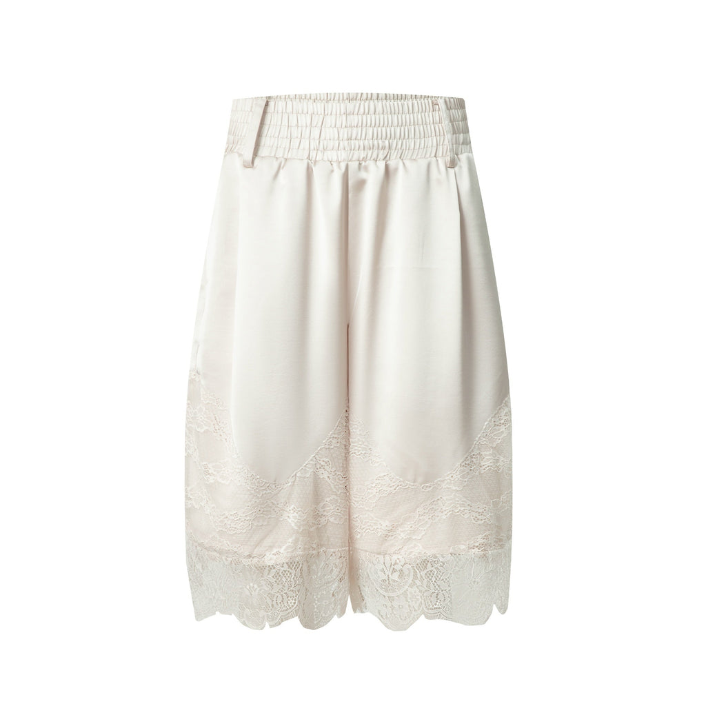 Satin Lace Paneled Elastic Waist Wide Leg Women's Polyester Bermuda Shorts