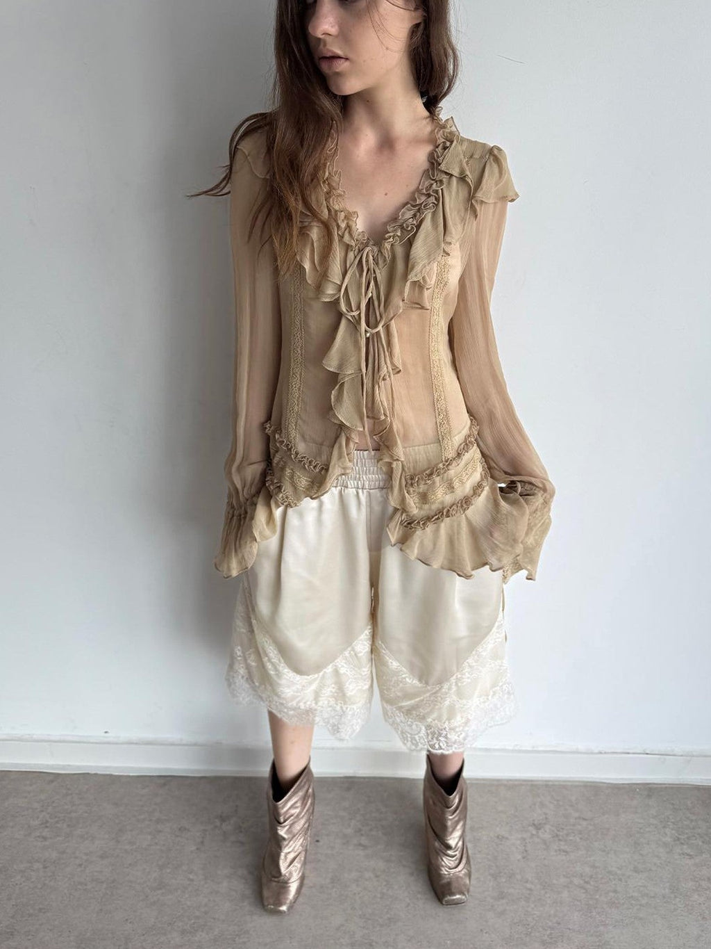 Satin Lace Paneled Elastic Waist Wide Leg Women's Polyester Bermuda Shorts