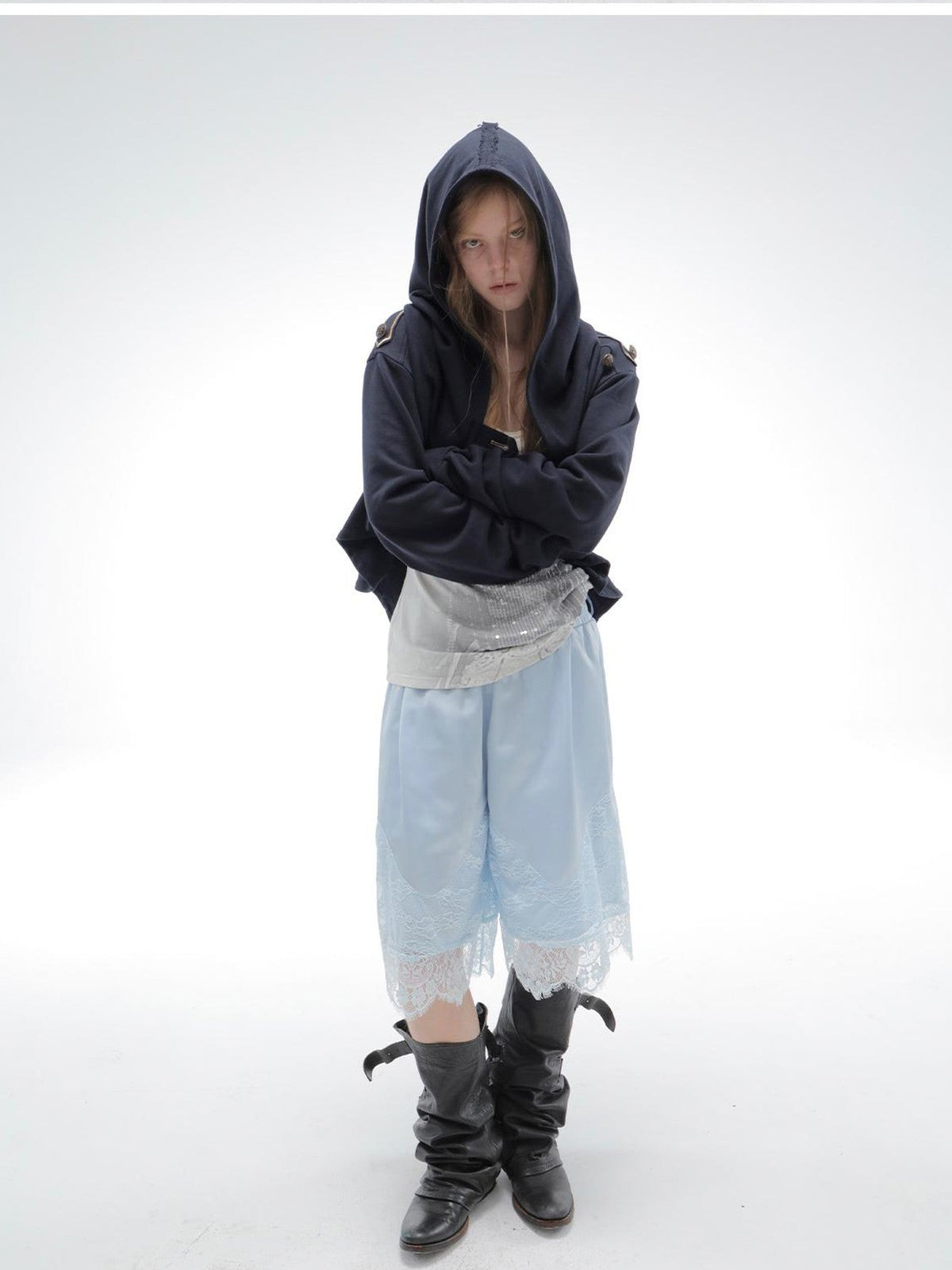 Satin Lace Paneled Elastic Waist Wide Leg Women's Polyester Bermuda Shorts