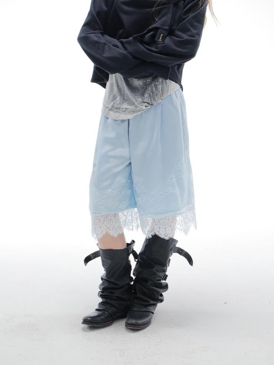 Satin Lace Paneled Elastic Waist Wide Leg Women's Polyester Bermuda Shorts