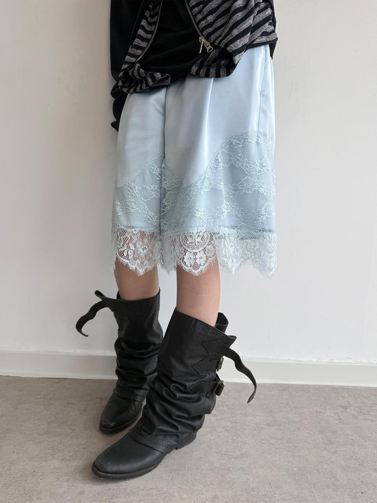 Satin Lace Paneled Elastic Waist Wide Leg Women's Polyester Bermuda Shorts