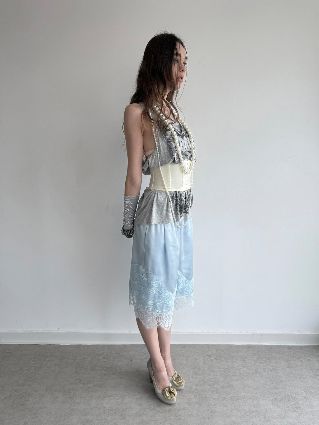 Satin Lace Paneled Elastic Waist Wide Leg Women's Polyester Bermuda Shorts
