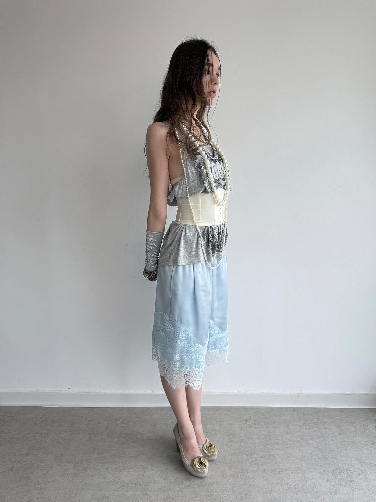 Satin Lace Paneled Elastic Waist Wide Leg Women's Polyester Bermuda Shorts