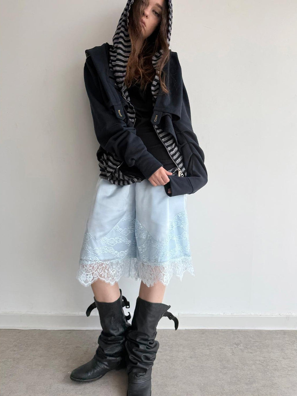Satin Lace Paneled Elastic Waist Wide Leg Women's Polyester Bermuda Shorts