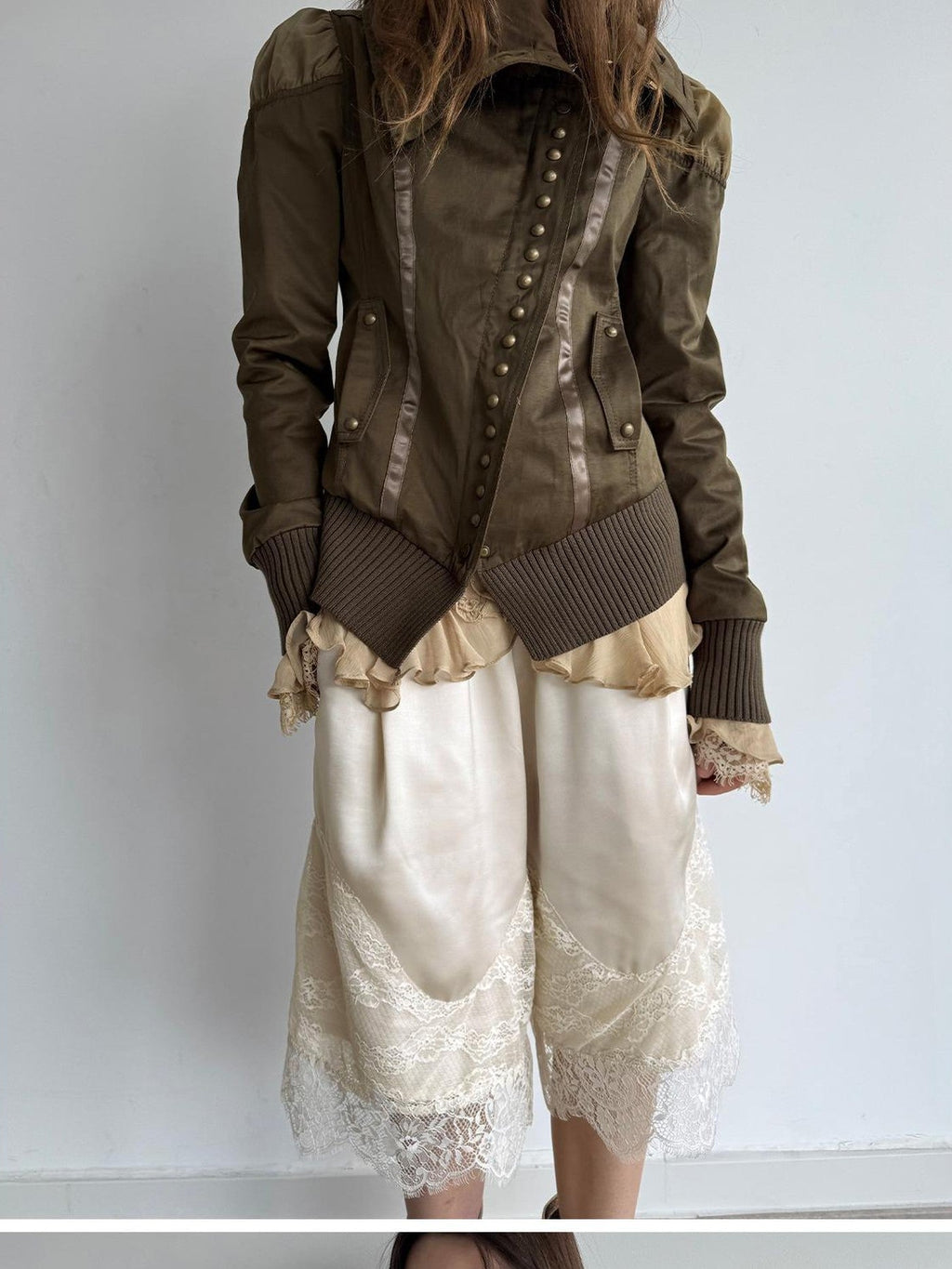 Satin Lace Paneled Elastic Waist Wide Leg Women's Polyester Bermuda Shorts
