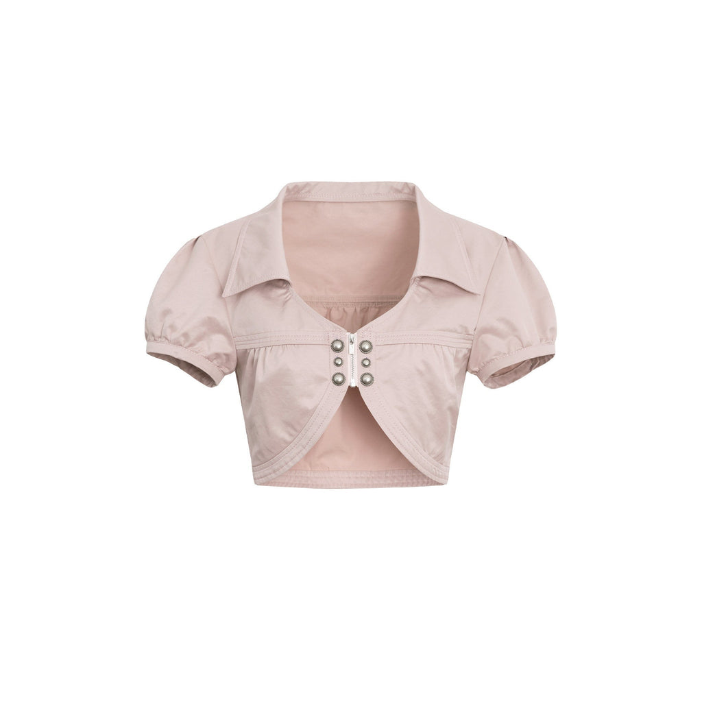 Satin V-neck Metal Button Layered Puff Sleeve Women'S Cotton Cropped Shirts