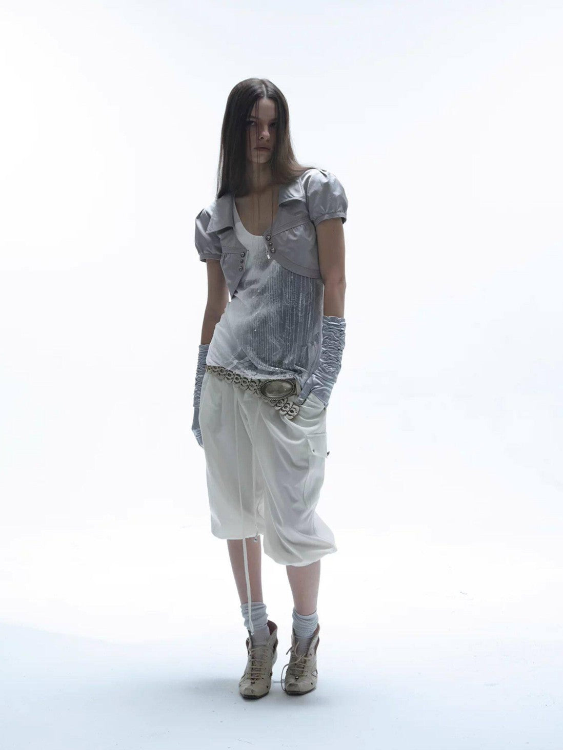 Satin V-neck Metal Button Layered Puff Sleeve Women'S Cotton Cropped Shirts