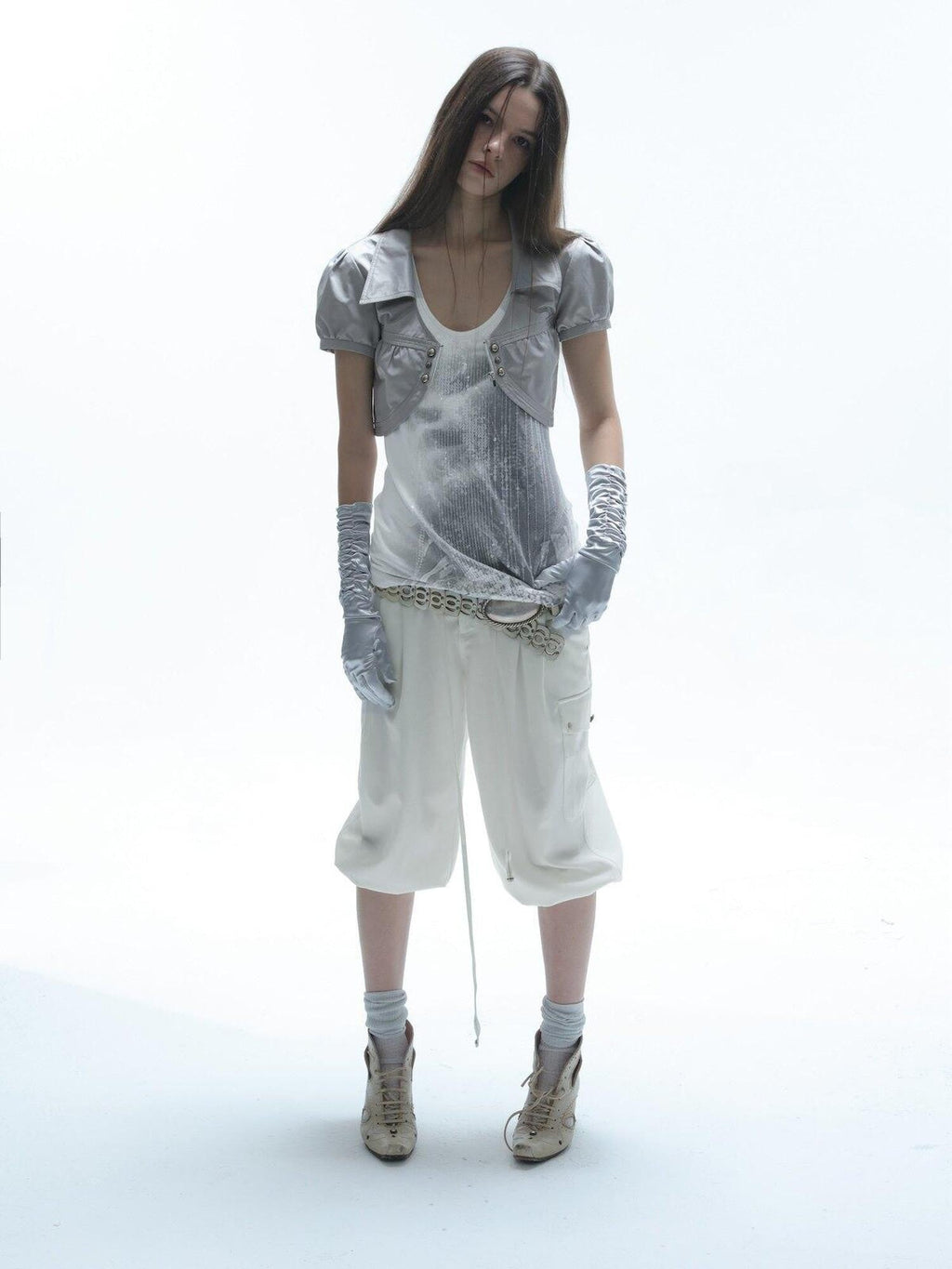 Satin V-neck Metal Button Layered Puff Sleeve Women'S Cotton Cropped Shirts