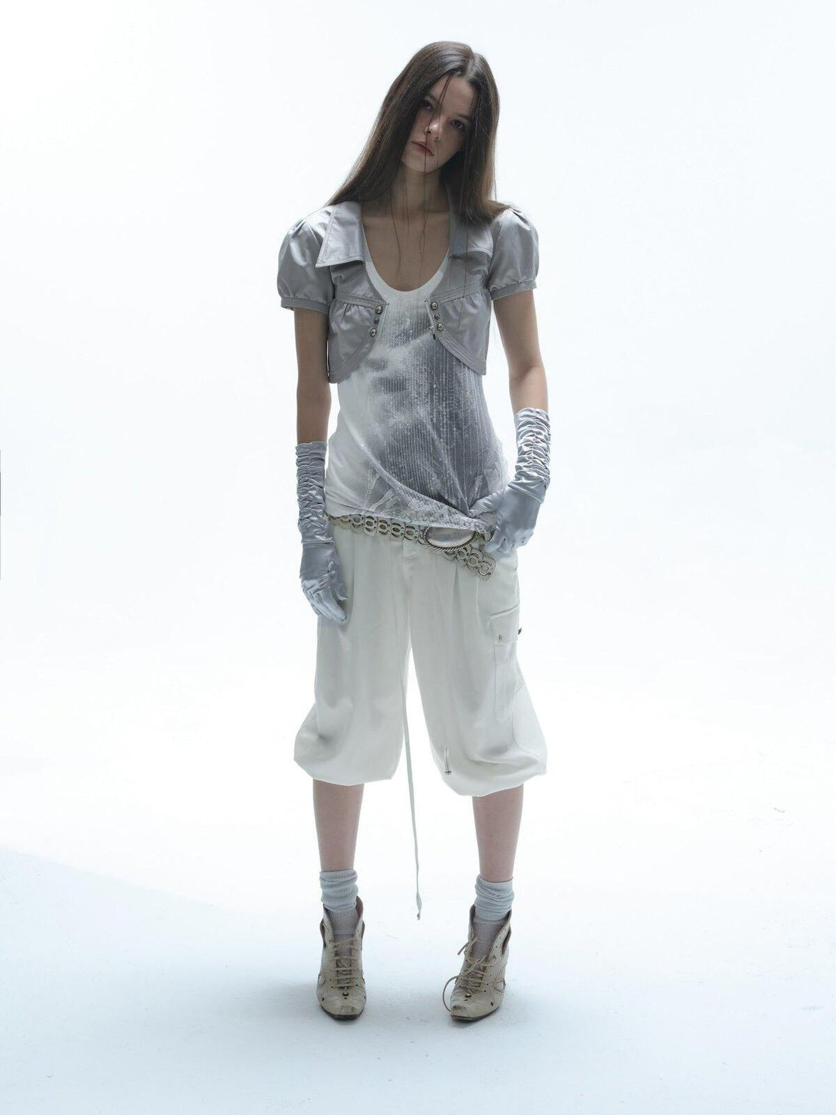 Satin V-neck Metal Button Layered Puff Sleeve Women'S Cotton Cropped Shirts