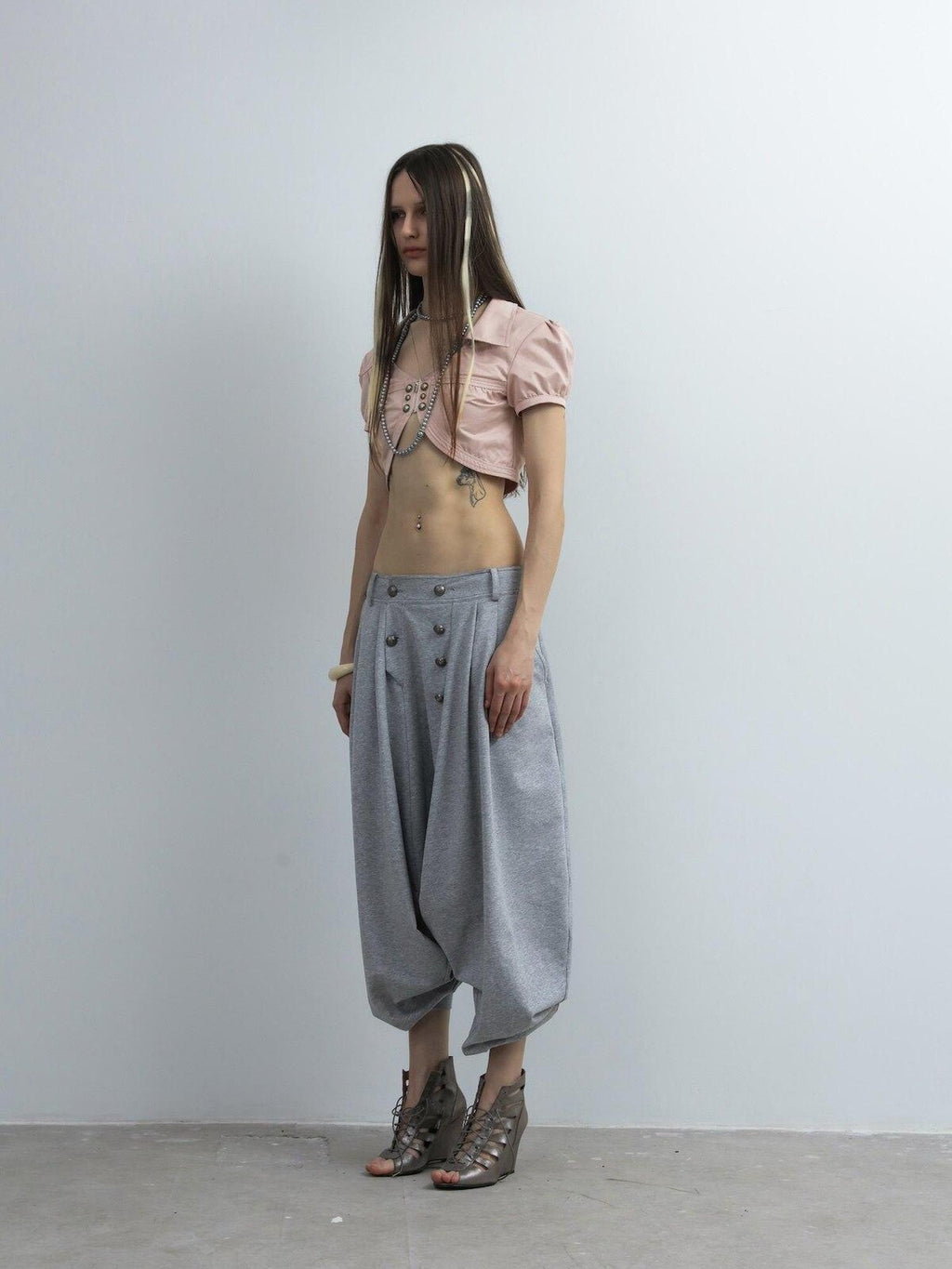 Satin V-neck Metal Button Layered Puff Sleeve Women'S Cotton Cropped Shirts