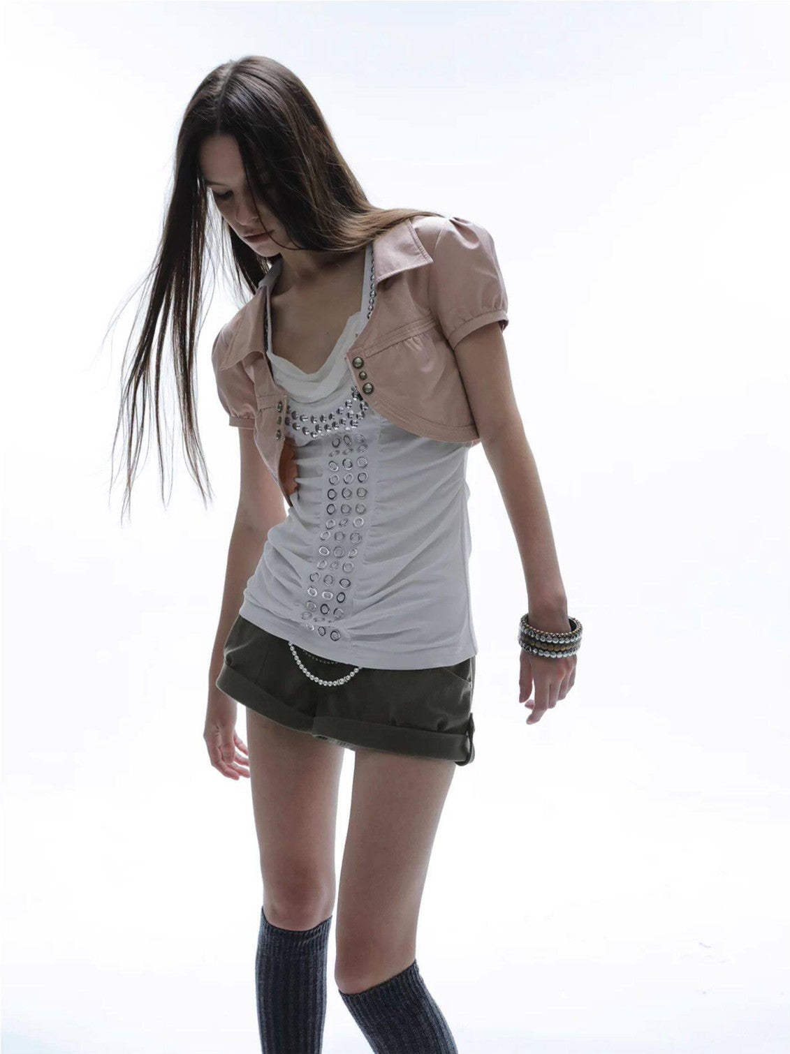 Satin V-neck Metal Button Layered Puff Sleeve Women'S Cotton Cropped Shirts