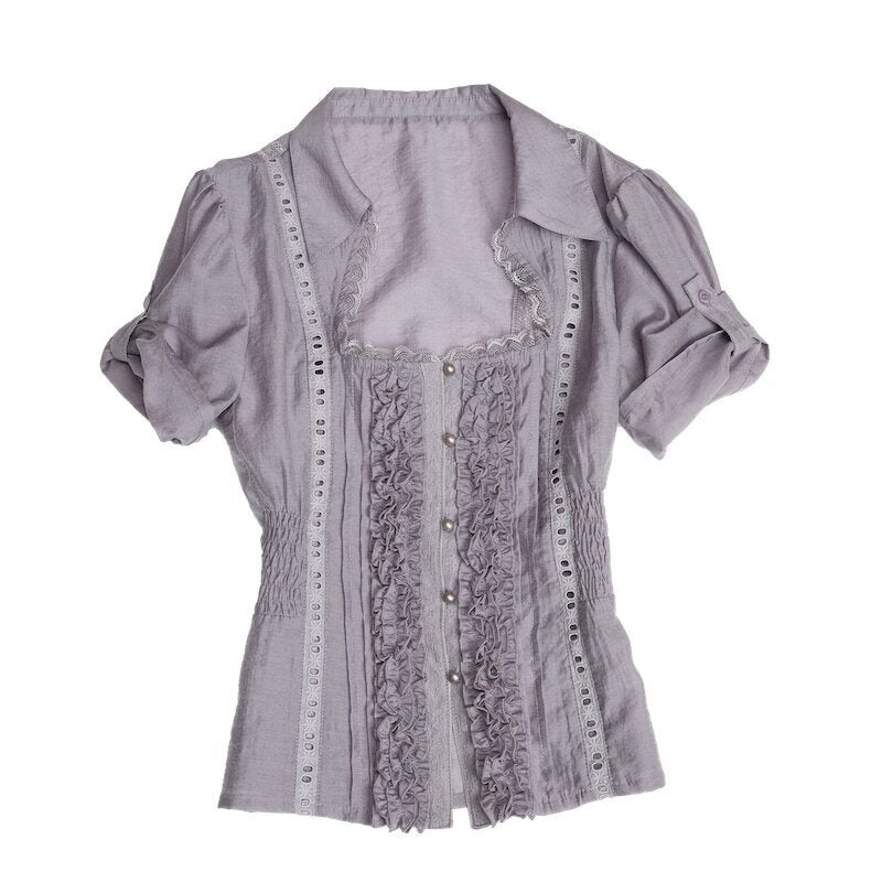Sheer Lettuce Edge Square Neck Puff Sleeve Court Doll Women's Lace Shirts