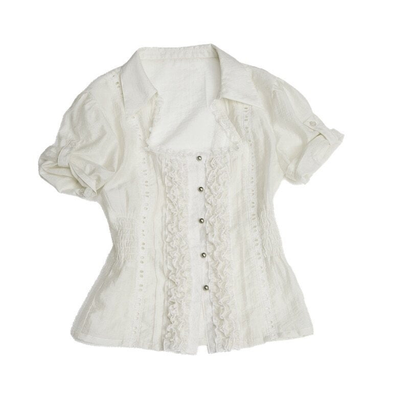 Sheer Lettuce Edge Square Neck Puff Sleeve Court Doll Women's Lace Shirts