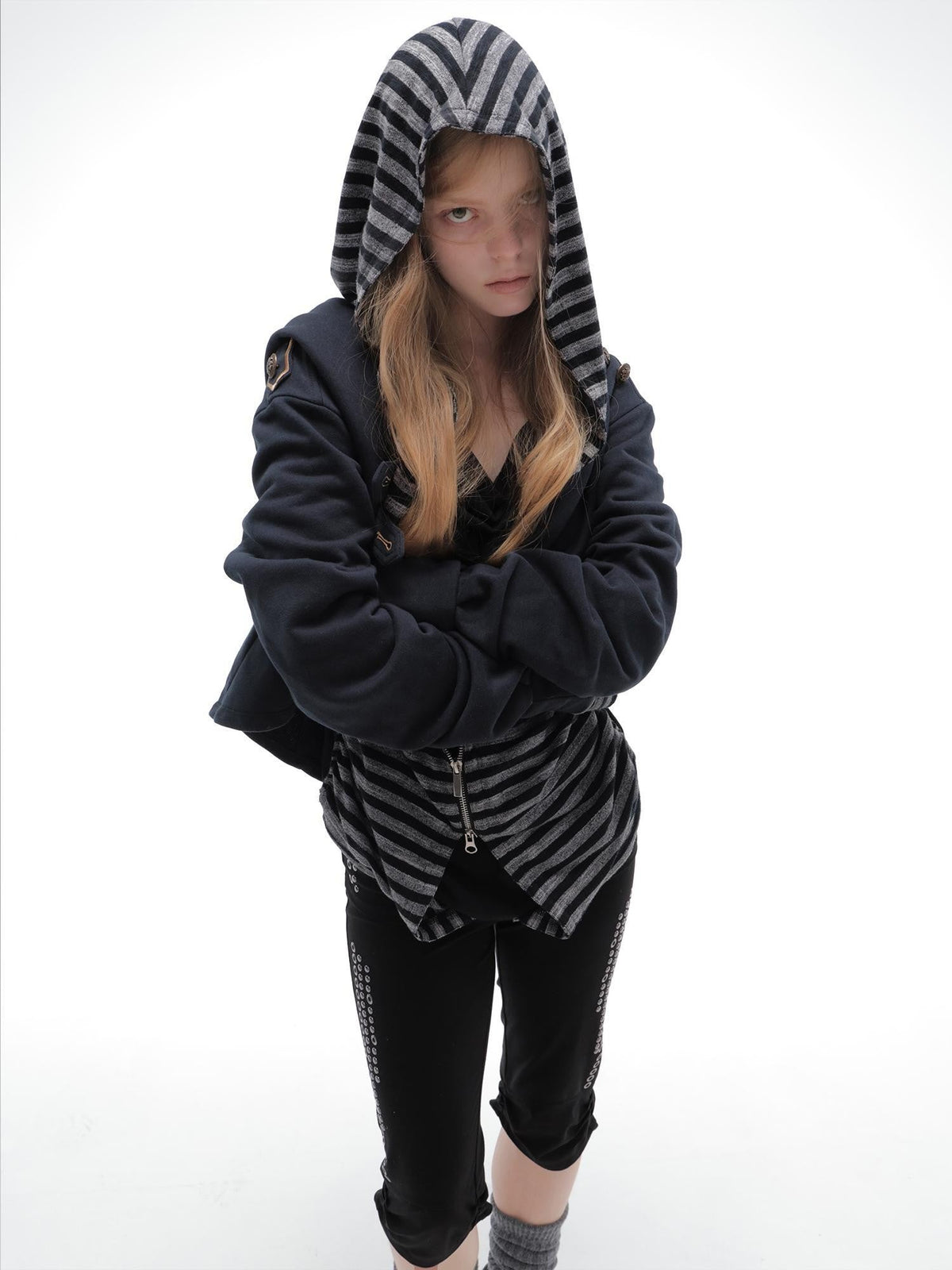 Striped Faux Layered Patchwork Long Sleeve Women's Zip-up Hoodies