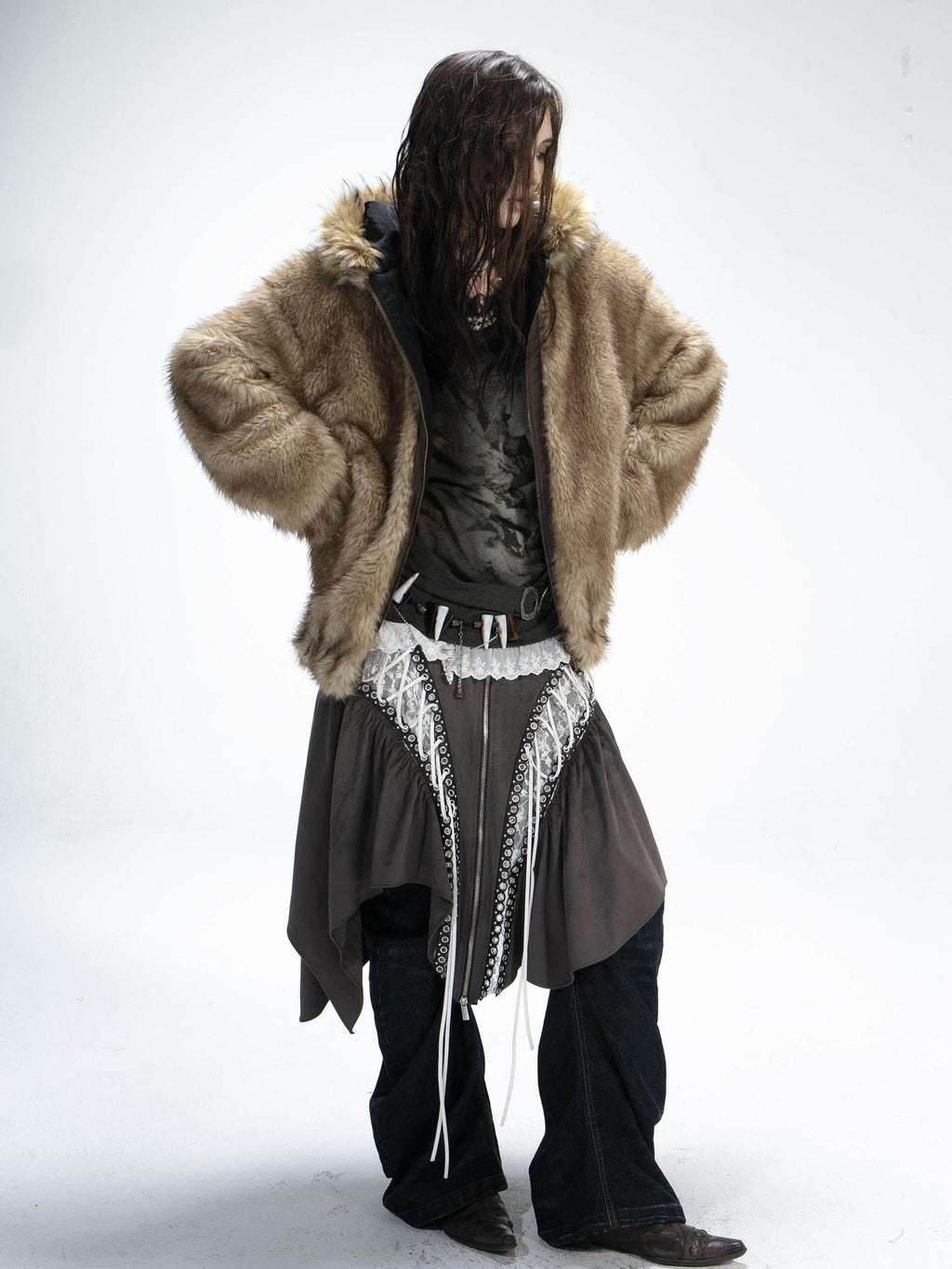 Teddy Hooded Ruching Fur Collar Reversible Women'S Faux Fur Casual Jackets