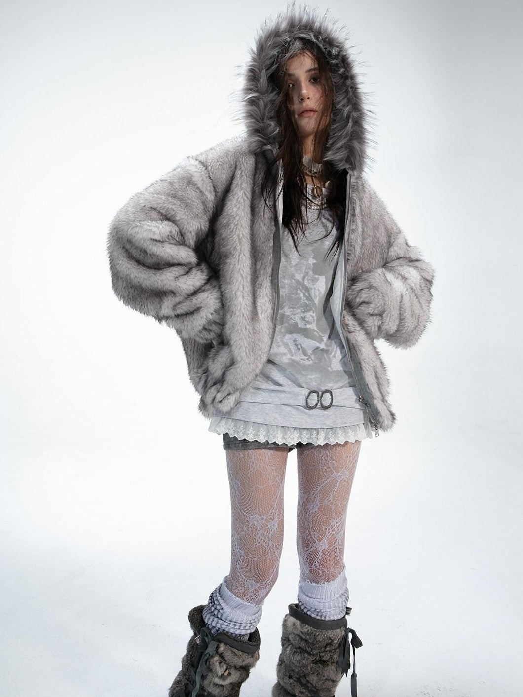 Teddy Hooded Ruching Fur Collar Reversible Women'S Faux Fur Casual Jackets