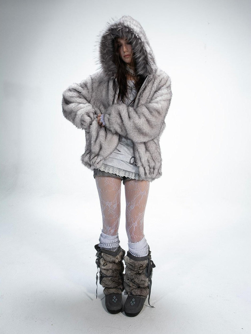 Teddy Hooded Ruching Fur Collar Reversible Women'S Faux Fur Casual Jackets