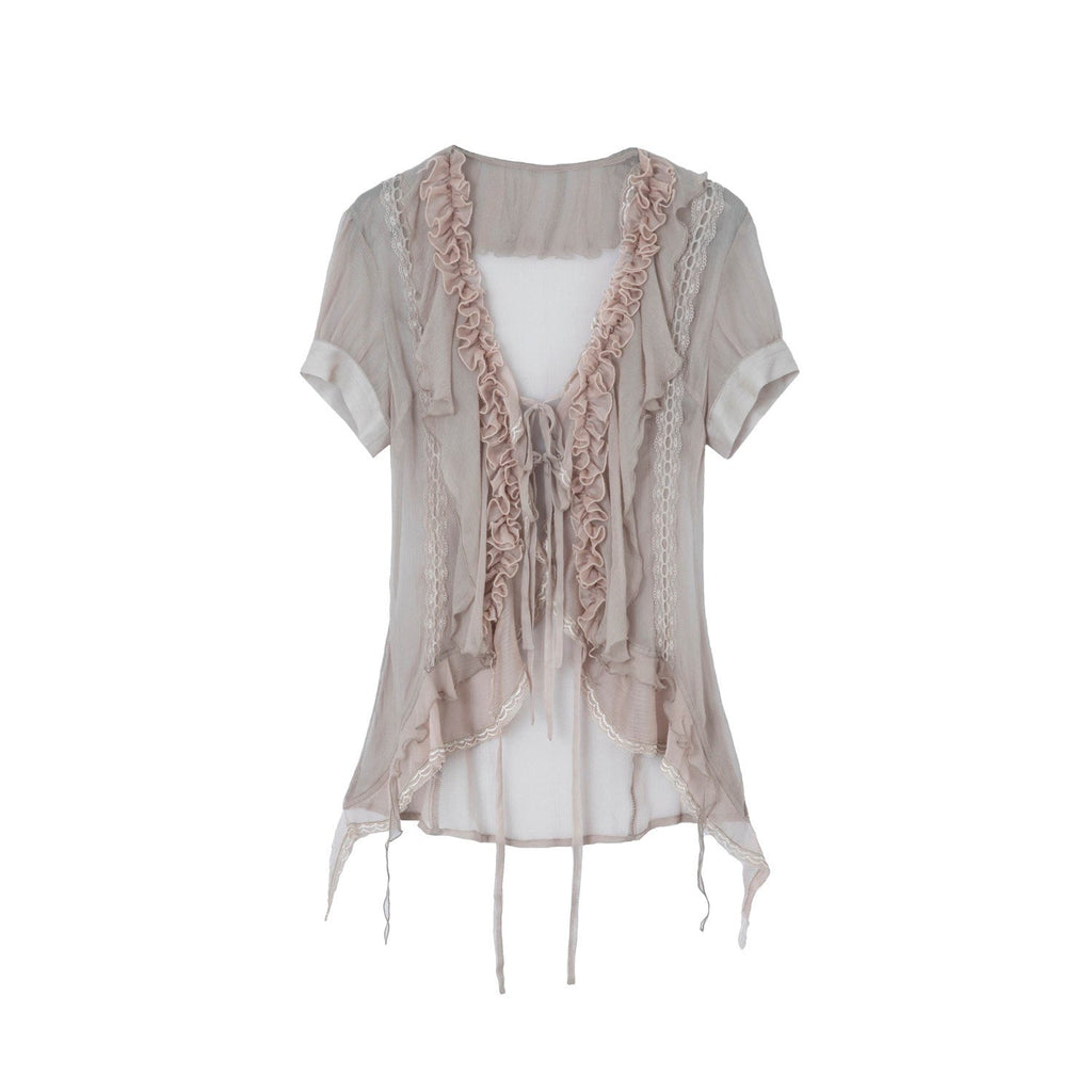 Textured Gauze Layered Ruffle Irregular Hem Tie V-neck Women'S Polyester Blouses